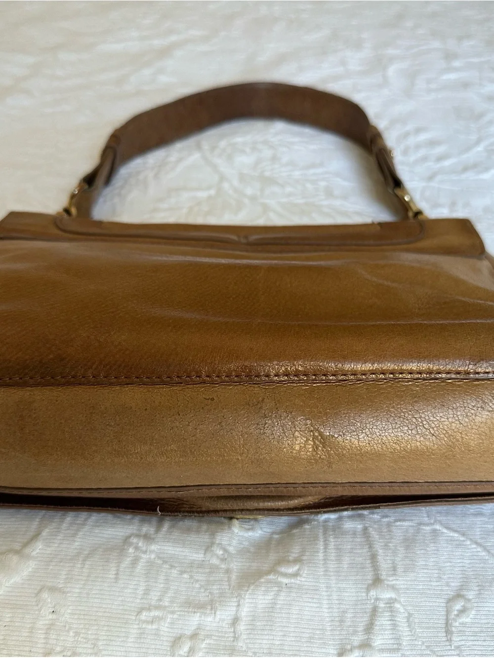 Tory Burch Tan Distressed Leather Shoulder Bag with Gold Logo Medallion